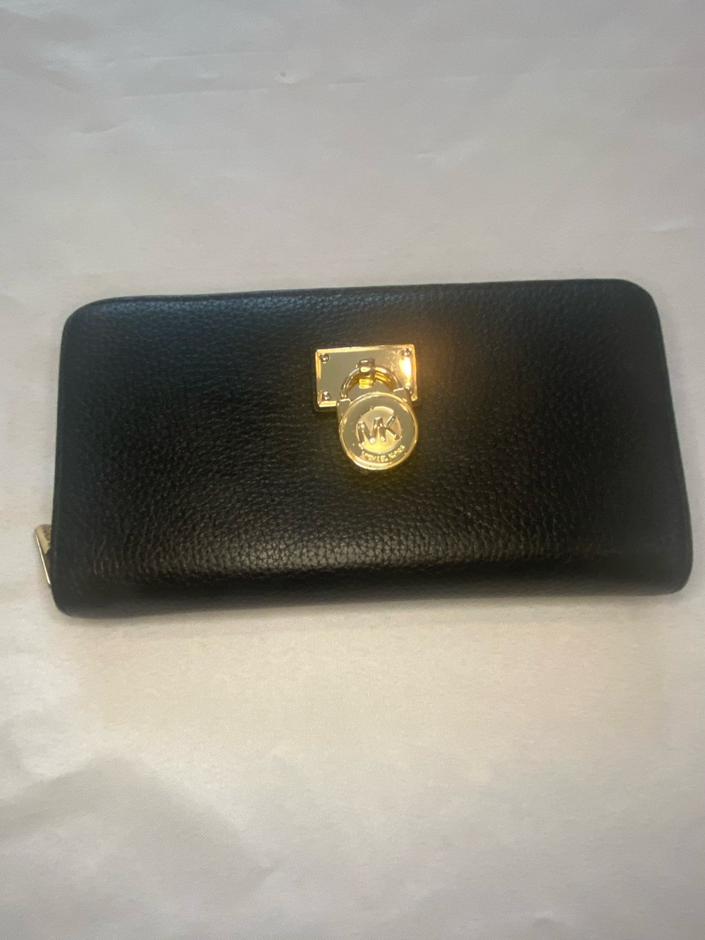 Michael Kors Black Leather Zip-Around Wallet with Gold Logo Lock